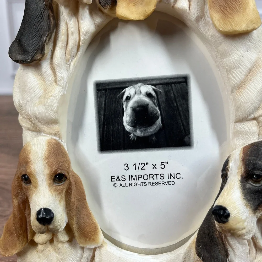 E&S Imports Basset Hound Photo Frame & Figurines Set Brown Black White Resin 3pc
